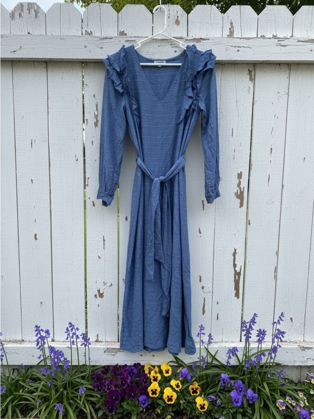 Margo Briton Blue Ruffle-Shoulder Maxi Dress with Tie Waist